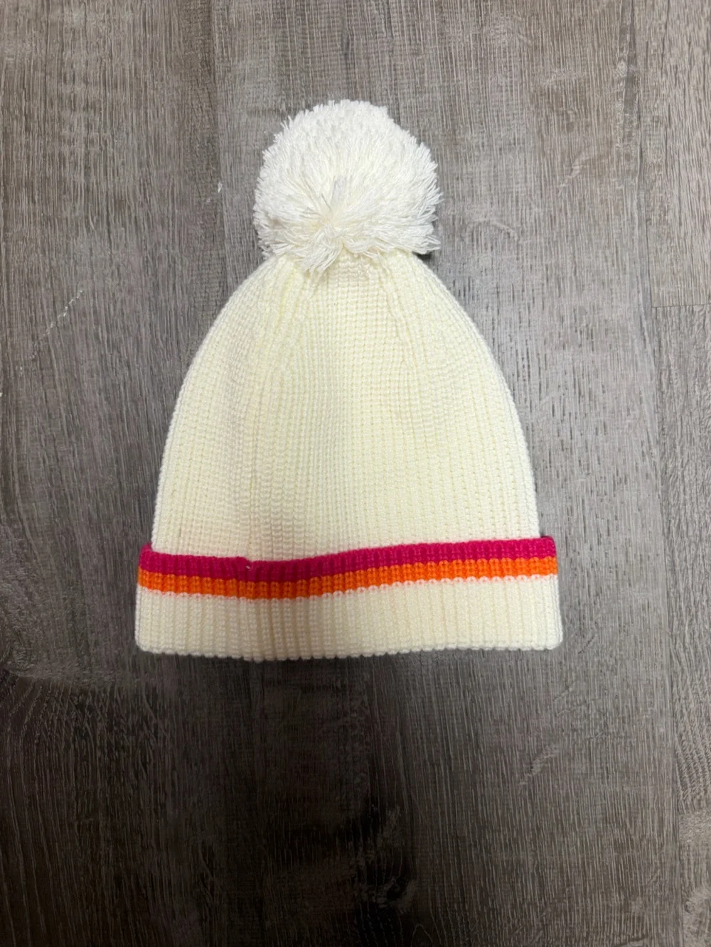 Women’s Pom Beanie Knit Hat - Cream with Pink & Orange Stripe
